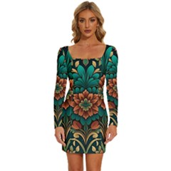 Flower Pattern Modern Floral Long Sleeve Square Neck Bodycon Velour Dress