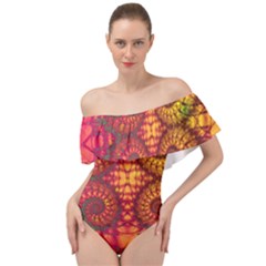 Abstract Art Pattern Fractal Design Off Shoulder Velour Bodysuit  by Ravend