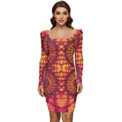 Abstract Art Pattern Fractal Design Women Long Sleeve Ruched Stretch Jersey Dress by Ravend