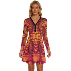 Abstract Art Pattern Fractal Design Long Sleeve Deep V Mini Dress 