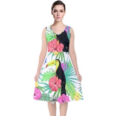 Sheets Tropical Nature Green Plant V-neck Midi Sleeveless Dress  by Ravend