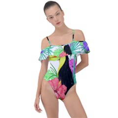 Sheets Tropical Nature Green Plant Frill Detail One Piece Swimsuit by Ravend