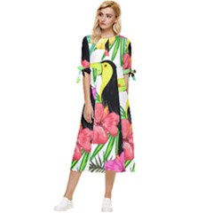 Sheets Tropical Nature Green Plant Bow Sleeve Chiffon Midi Dress by Ravend