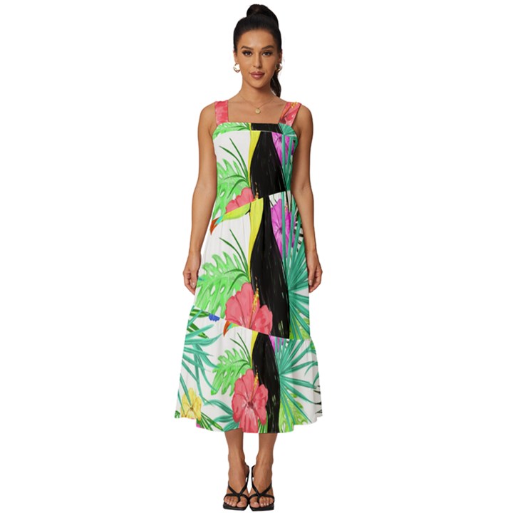 Sheets Tropical Nature Green Plant Square Neckline Tiered Midi Dress