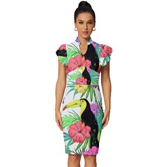 Sheets Tropical Nature Green Plant Vintage Frill Sleeve V-neck Bodycon Dress by Ravend