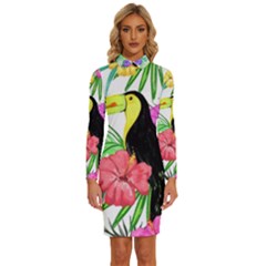 Sheets Tropical Nature Green Plant Long Sleeve Shirt Collar Bodycon Dress