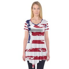 America Unite Stated Red Background Us Flags Short Sleeve Tunic 