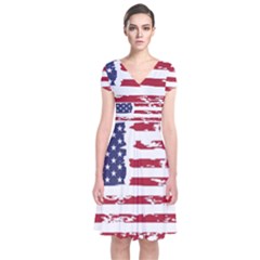 America Unite Stated Red Background Us Flags Short Sleeve Front Wrap Dress