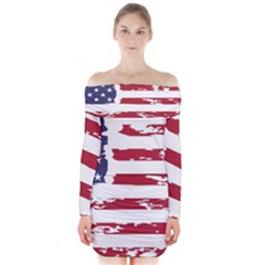 America Unite Stated Red Background Us Flags Long Sleeve Off Shoulder Dress by Jancukart