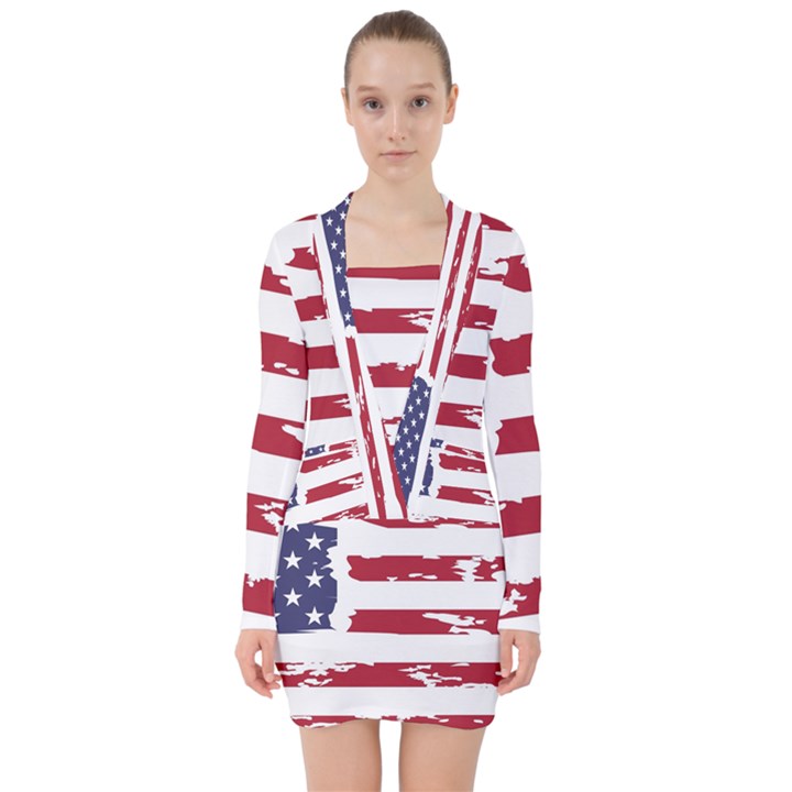 America Unite Stated Red Background Us Flags V-neck Bodycon Long Sleeve Dress