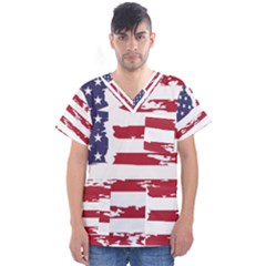 America Unite Stated Red Background Us Flags Men s V-neck Scrub Top