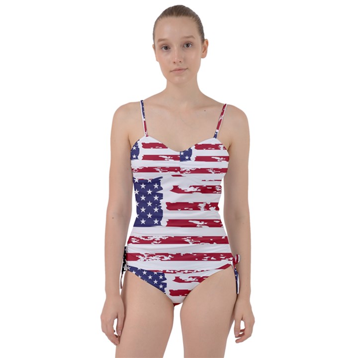 America Unite Stated Red Background Us Flags Sweetheart Tankini Set