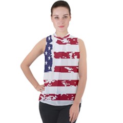 America Unite Stated Red Background Us Flags Mock Neck Chiffon Sleeveless Top