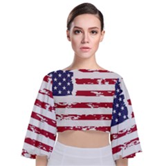 America Unite Stated Red Background Us Flags Tie Back Butterfly Sleeve Chiffon Top by Jancukart