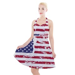 America Unite Stated Red Background Us Flags Halter Party Swing Dress  by Jancukart