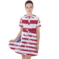 America Unite Stated Red Background Us Flags Short Sleeve Shoulder Cut Out Dress  by Jancukart