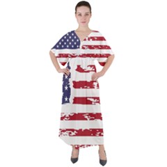 America Unite Stated Red Background Us Flags V-neck Boho Style Maxi Dress