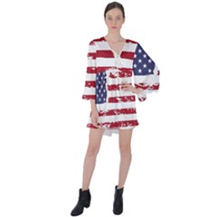 America Unite Stated Red Background Us Flags V-neck Flare Sleeve Mini Dress by Jancukart