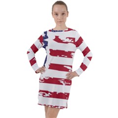 America Unite Stated Red Background Us Flags Long Sleeve Hoodie Dress