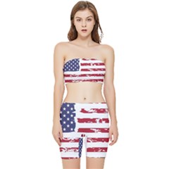 America Unite Stated Red Background Us Flags Stretch Shorts And Tube Top Set