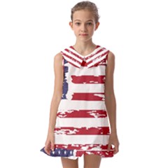 America Unite Stated Red Background Us Flags Kids  Pilgrim Collar Ruffle Hem Dress