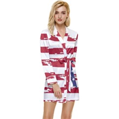 America Unite Stated Red Background Us Flags Long Sleeve Satin Robe