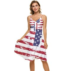 America Unite Stated Red Background Us Flags Sleeveless Tie Front Chiffon Dress