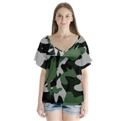 Camouflage Camo Army Soldier Pattern Military V-neck Flutter Sleeve Top