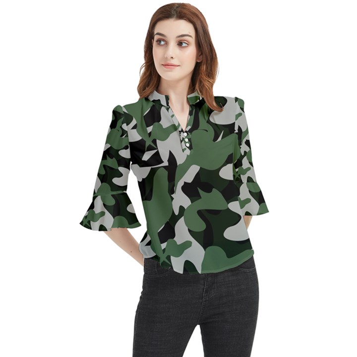 Camouflage Camo Army Soldier Pattern Military Loose Horn Sleeve Chiffon Blouse