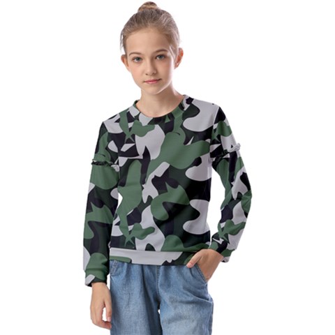 Camouflage Camo Army Soldier Pattern Military Kids  Long Sleeve Tee With Frill  by Jancukart