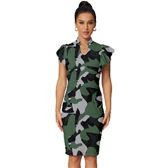 Camouflage Camo Army Soldier Pattern Military Vintage Frill Sleeve V-neck Bodycon Dress by Jancukart