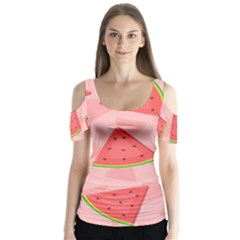 Background Watermelon Pattern Fruit Food Sweet Butterfly Sleeve Cutout Tee 