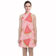 Background Watermelon Pattern Fruit Food Sweet Velvet Halter Neckline Dress 