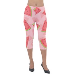 Background Watermelon Pattern Fruit Food Sweet Lightweight Velour Capri Leggings  by Jancukart