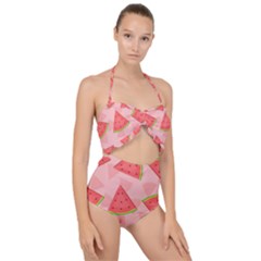 Background Watermelon Pattern Fruit Food Sweet Scallop Top Cut Out Swimsuit