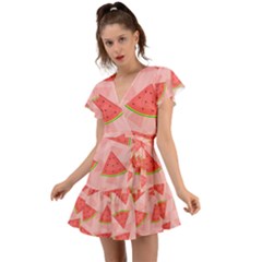 Background Watermelon Pattern Fruit Food Sweet Flutter Sleeve Wrap Dress