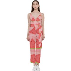 Background Watermelon Pattern Fruit Food Sweet V-neck Spaghetti Strap Tie Front Jumpsuit