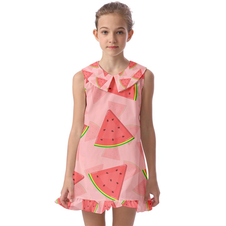 Background Watermelon Pattern Fruit Food Sweet Kids  Pilgrim Collar Ruffle Hem Dress