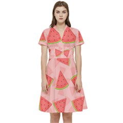 Background Watermelon Pattern Fruit Food Sweet Short Sleeve Waist Detail Dress