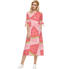 Background Watermelon Pattern Fruit Food Sweet Bow Sleeve Chiffon Midi Dress by Jancukart