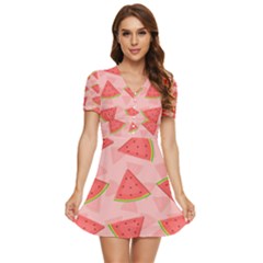 Background Watermelon Pattern Fruit Food Sweet V-neck High Waist Chiffon Mini Dress