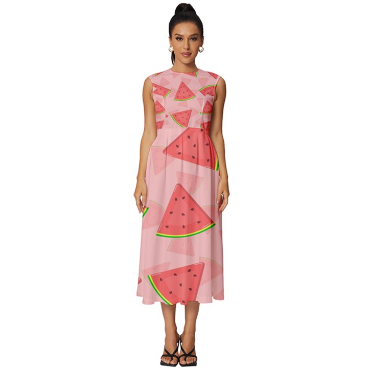 Background Watermelon Pattern Fruit Food Sweet Sleeveless Round Neck Midi Dress