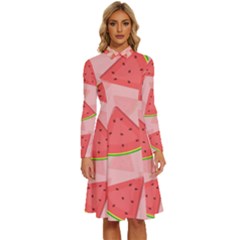 Background Watermelon Pattern Fruit Food Sweet Long Sleeve Shirt Collar A-line Dress