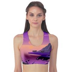 Sunset Sea Ocean Purple Pink Flowers Stone Sports Bra