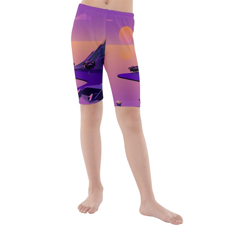 Sunset Sea Ocean Purple Pink Flowers Stone Kids  Mid Length Swim Shorts