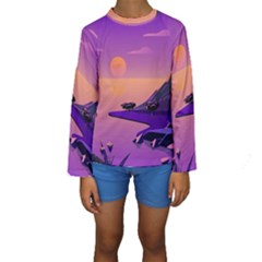 Sunset Sea Ocean Purple Pink Flowers Stone Kids  Long Sleeve Swimwear