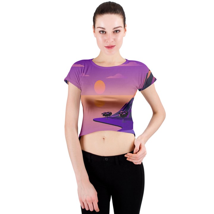 Sunset Sea Ocean Purple Pink Flowers Stone Crew Neck Crop Top