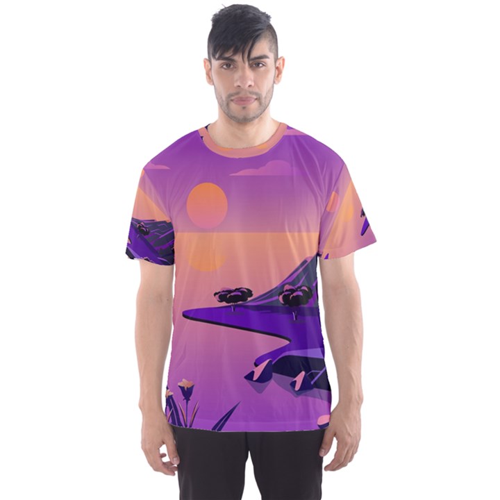 Sunset Sea Ocean Purple Pink Flowers Stone Men s Sport Mesh Tee