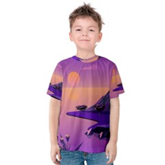 Sunset Sea Ocean Purple Pink Flowers Stone Kids  Cotton Tee