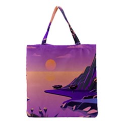 Sunset Sea Ocean Purple Pink Flowers Stone Grocery Tote Bag